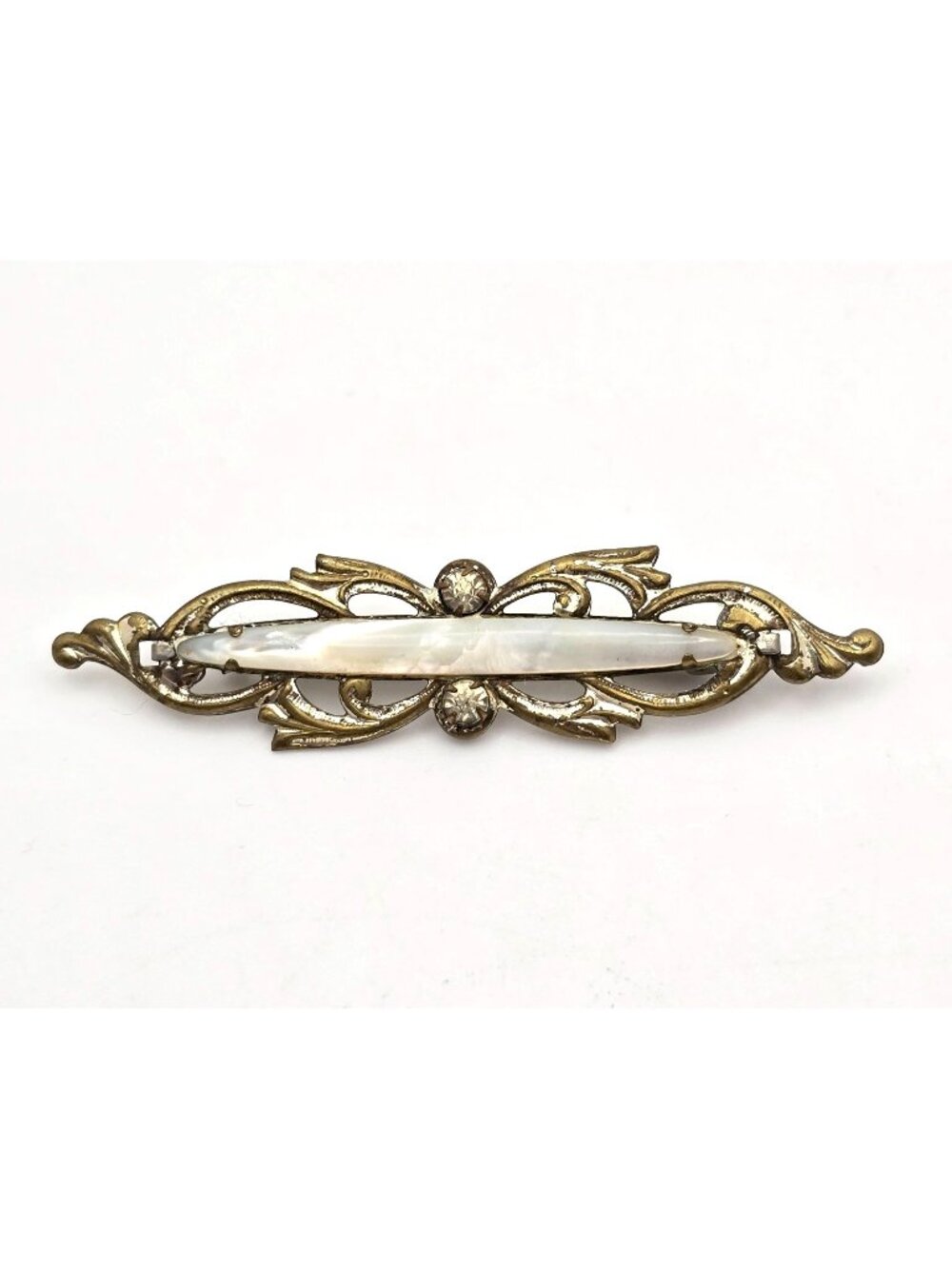Antique Mother of Pearl Bar Brooch Mixed Tone Metal & Paste Stones - Picture 1 of 6
